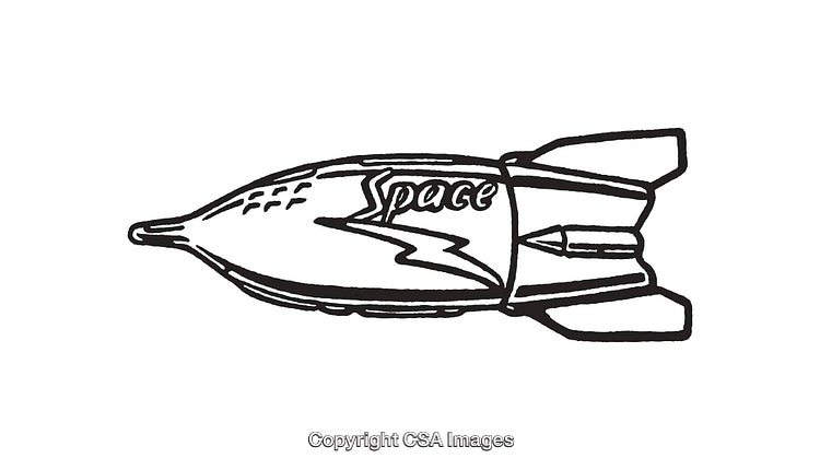 Black and White Line Art of Retro Rocket Design with Space Theme