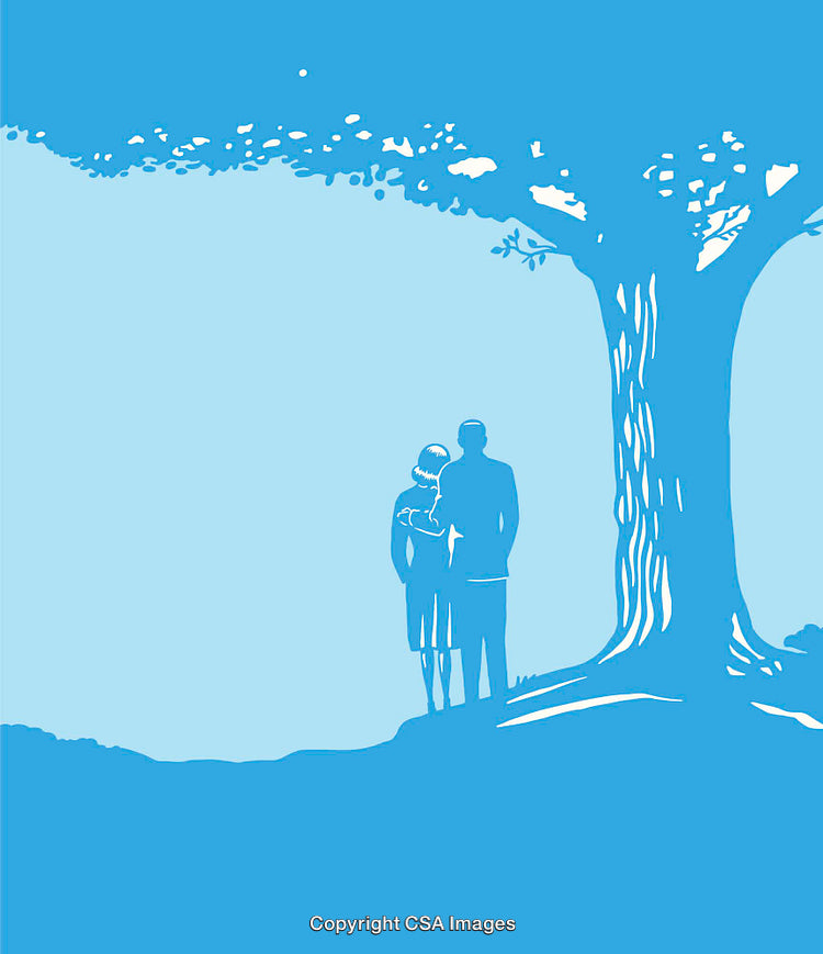 Silhouette of Couple Under Large Tree in Minimalistic Blue Scene