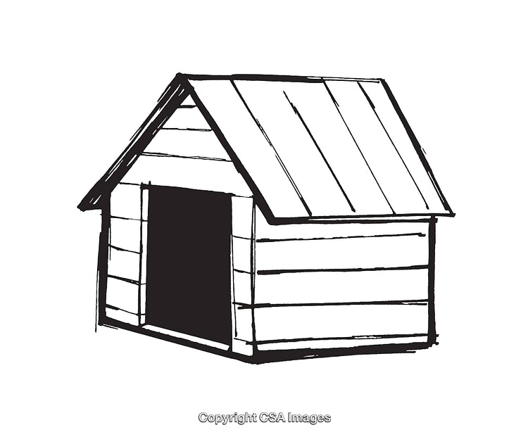 Black and White Line Art Drawing of a Doghouse Design