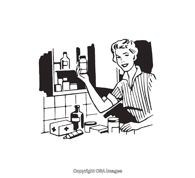 Vintage Illustration of a Woman Organizing a Medicine Cabinet