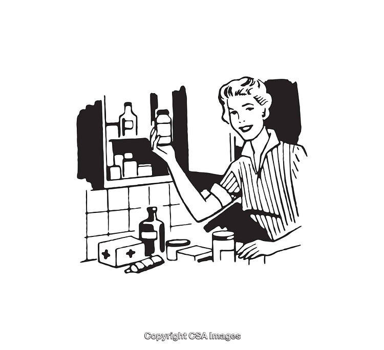 Vintage Illustration of a Woman Organizing a Medicine Cabinet