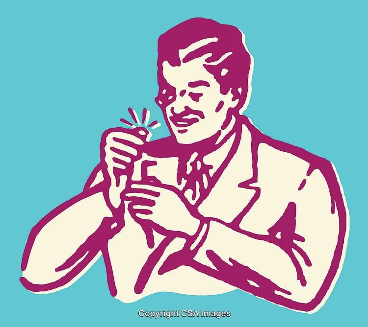 Retro Style Line Art Depicting a Man Admiring a Sparkling Object