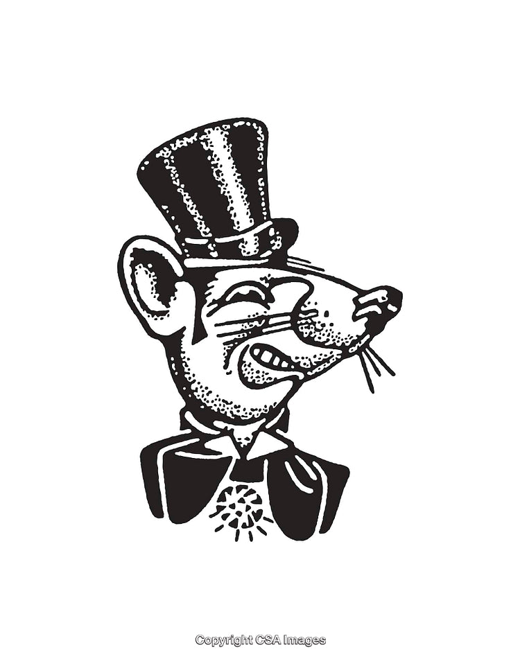 Black and White Illustration of Anthropomorphic Mouse in Top Hat and Suit