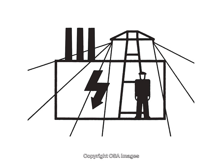 Abstract Industrial Line Art with Human Silhouette and Lightning Bolt