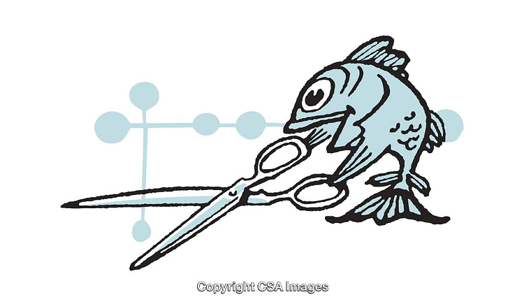 Abstract Illustration of a Blue Fish Holding Scissors with a Playful Design