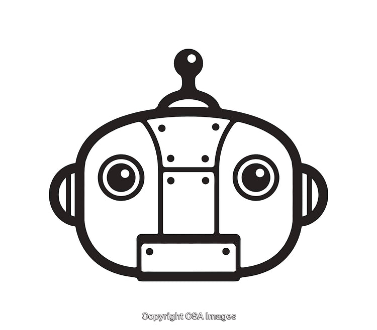 Black and White Line Art of a Friendly Robot Face Design