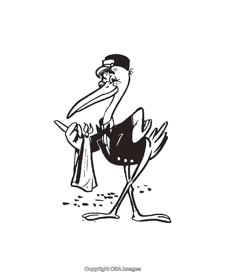 Whimsical Black and White Line Art of Stork Delivering a Bundle