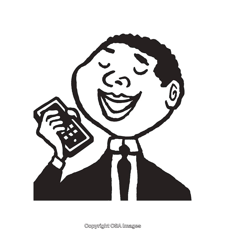 Black and White Illustration of a Person Smiling Using a Mobile Phone