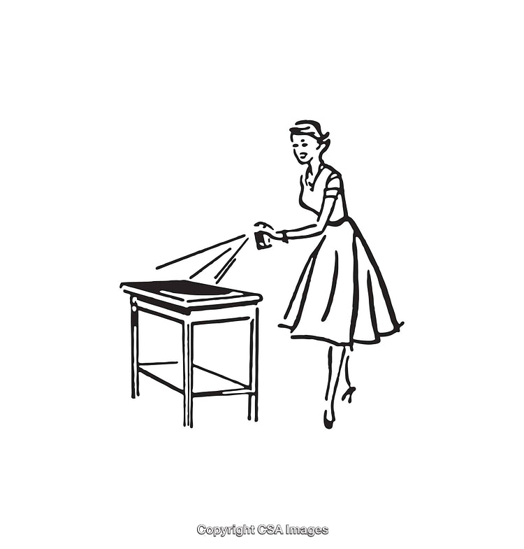 Vintage Black and White Illustration of Woman Cleaning a Table