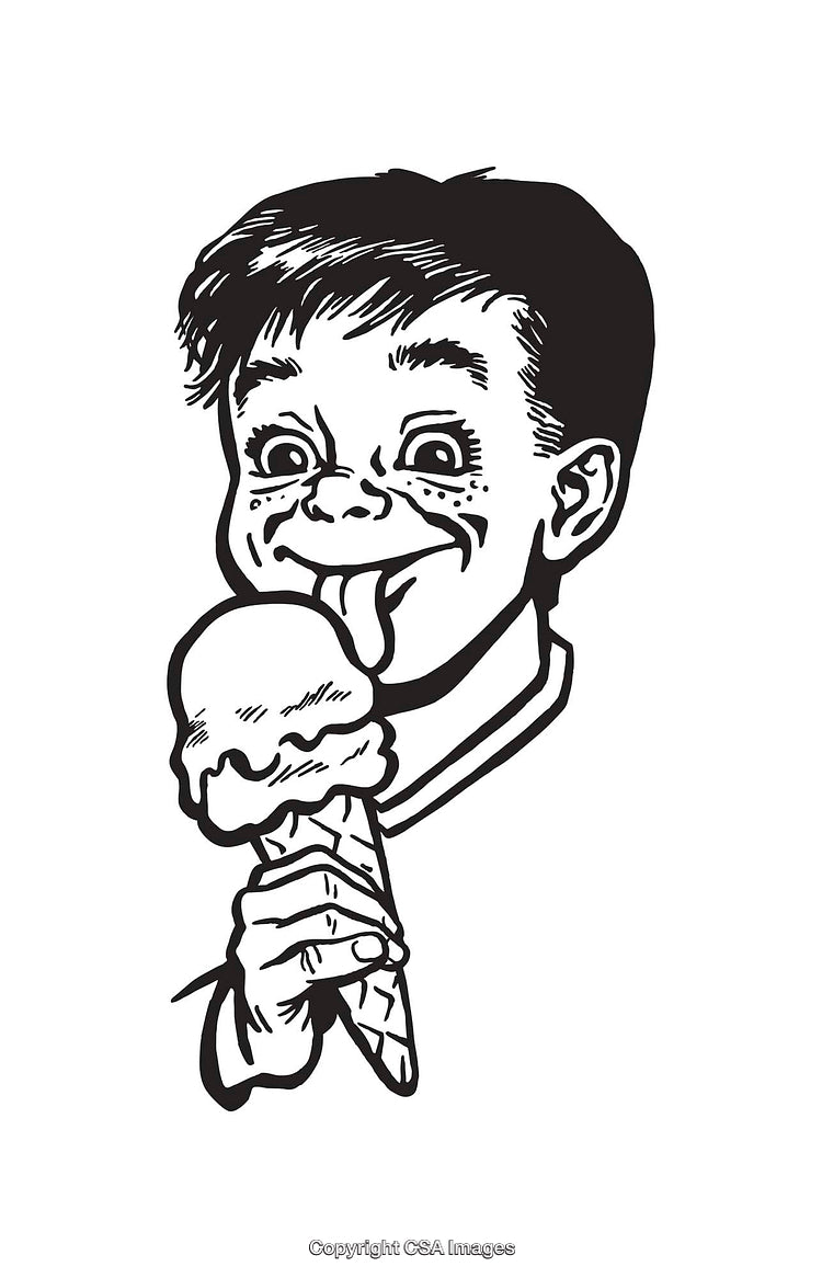 Black and White Line Art Illustration of a Boy Licking Ice Cream