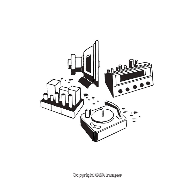 Black and White Line Art Depicting Audio Equipment Elements
