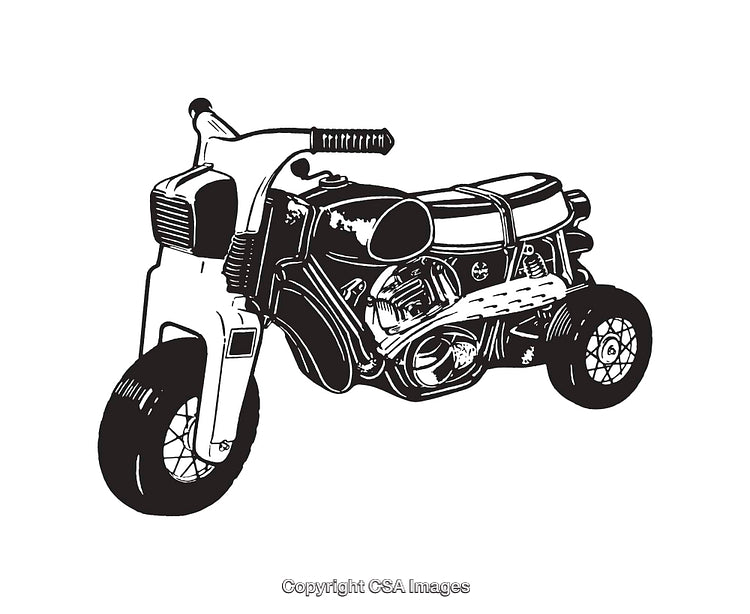 Retro-Style Black and White Illustration of Vintage Mini Motorcycle