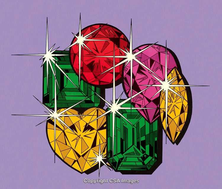 Vibrant Illustration of Colorful Gems on a Purple Background