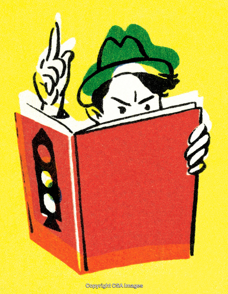 Illustrative Person Reading a Book with Focus and Gesturing Thoughtfully