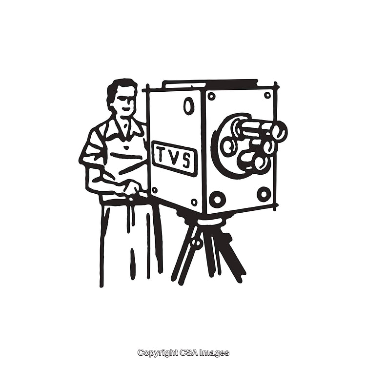 Vintage Black and White Illustration of a Cameraman with Old TV Camera