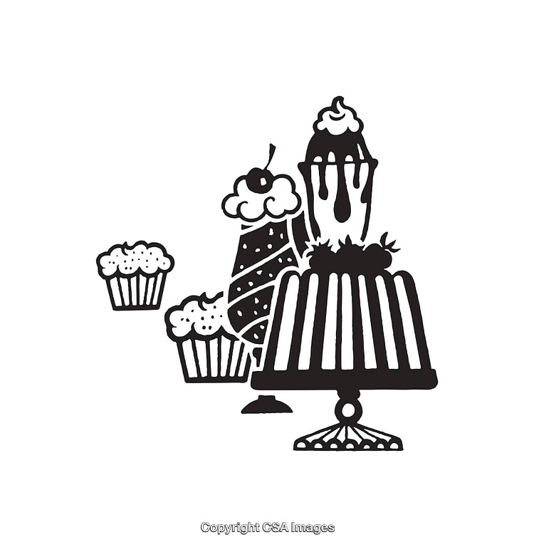 Black and White Line Art Illustrations of Desserts and Cupcakes