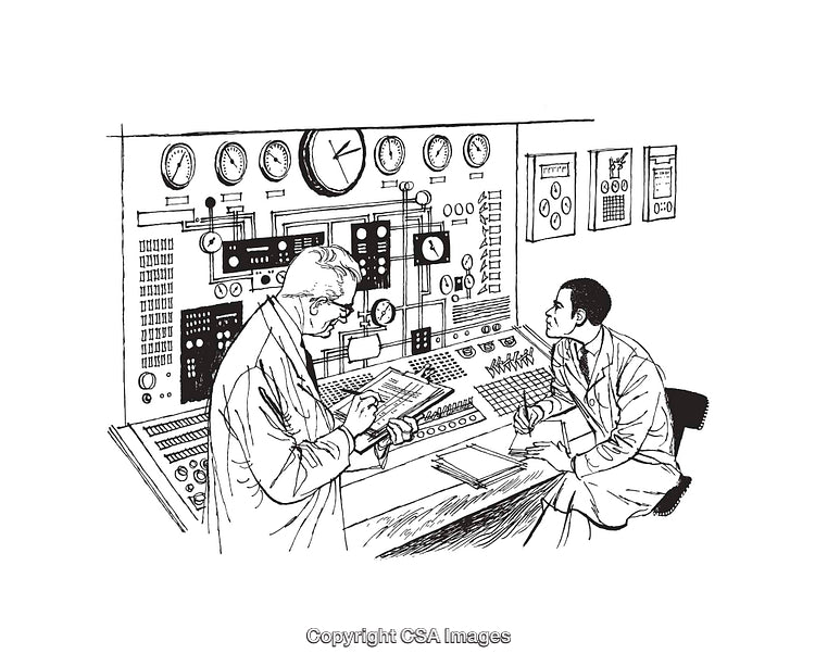 Vintage Line Art of Scientists Working in a Control Room Setting