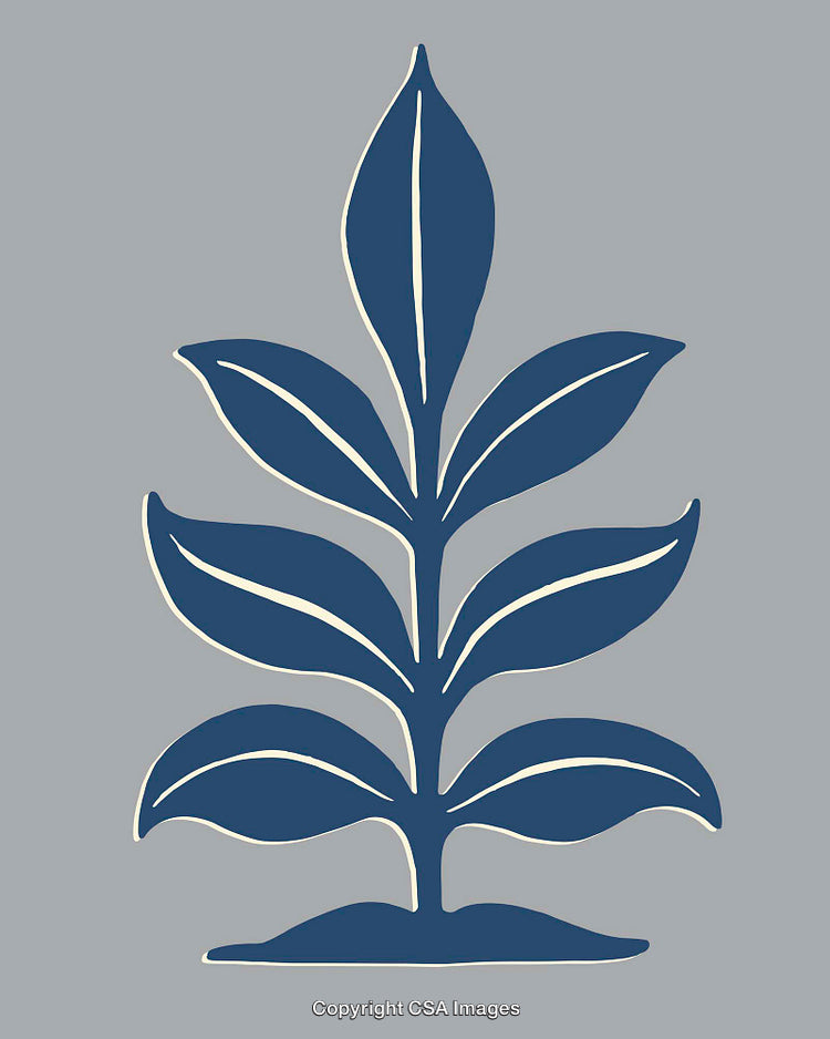 Stylized Botanical Illustration with Blue Leaves on Gray Background