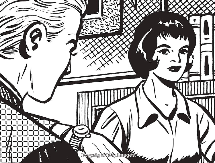 Illustrated Vintage Scene of Two People in a Conversation in an Office Setting