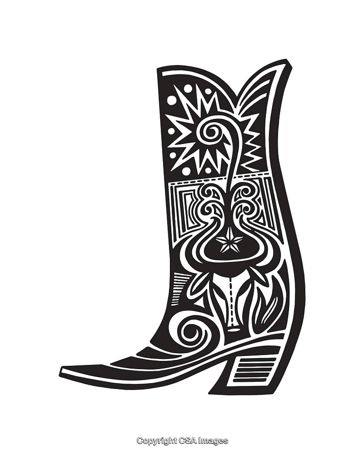 Ornate Western Boot Line Art with Decorative Patterns and Swirls