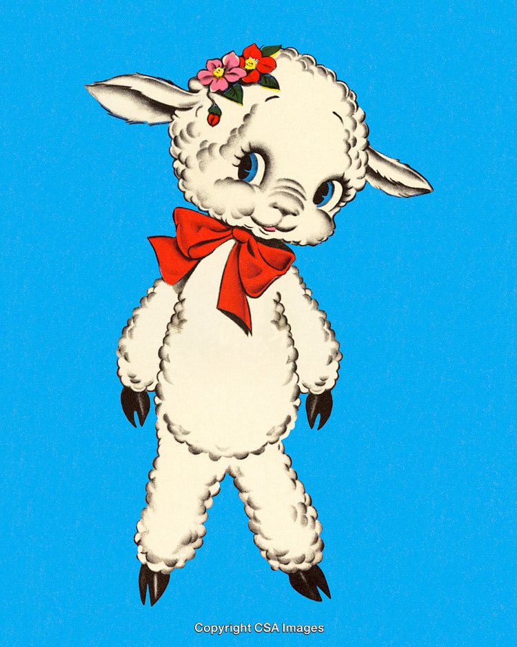 Adorable Cartoon Lamb With Bow and Flowers on Blue Background