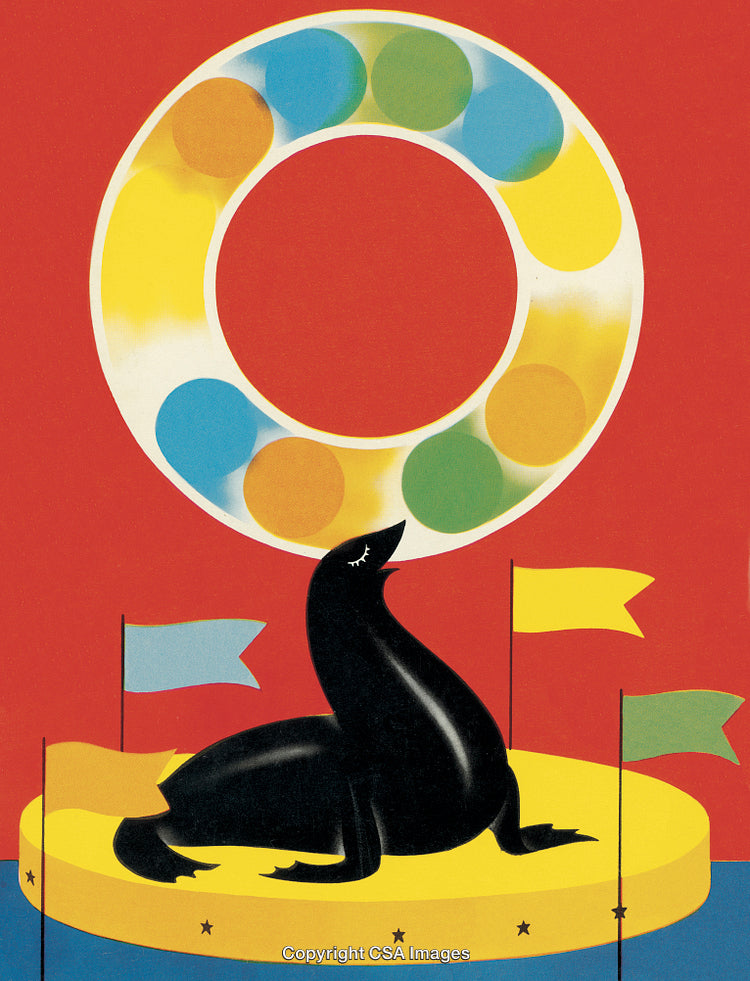 Playful Seal Balancing a Ring in a Colorful Circus Performance