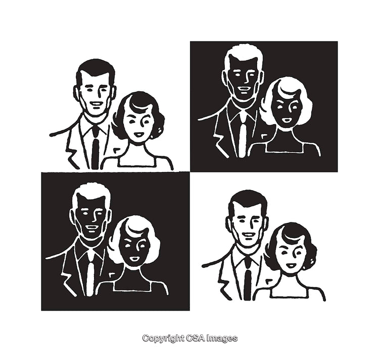 Vintage Black and White Line Art Illustrations of a Smiling Couple