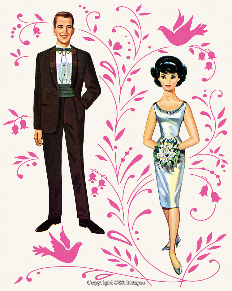 Vintage Illustration of a Groom and Bride with Floral and Dove Background