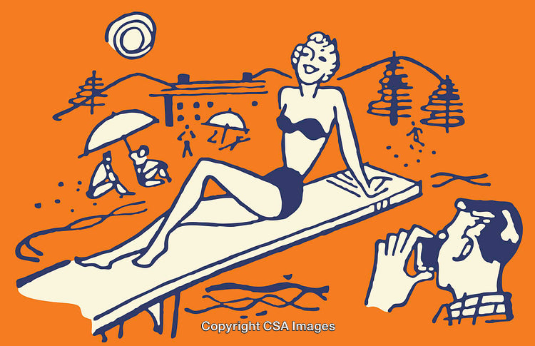 Stylized Retro Art Depicting a Beach Scene With Vibrant Orange Background