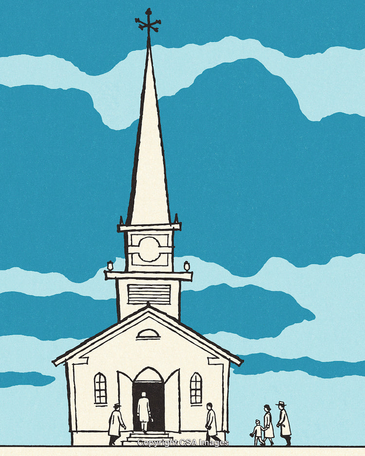 Illustration of a Church with Visitors Against a Blue Cloudy Sky