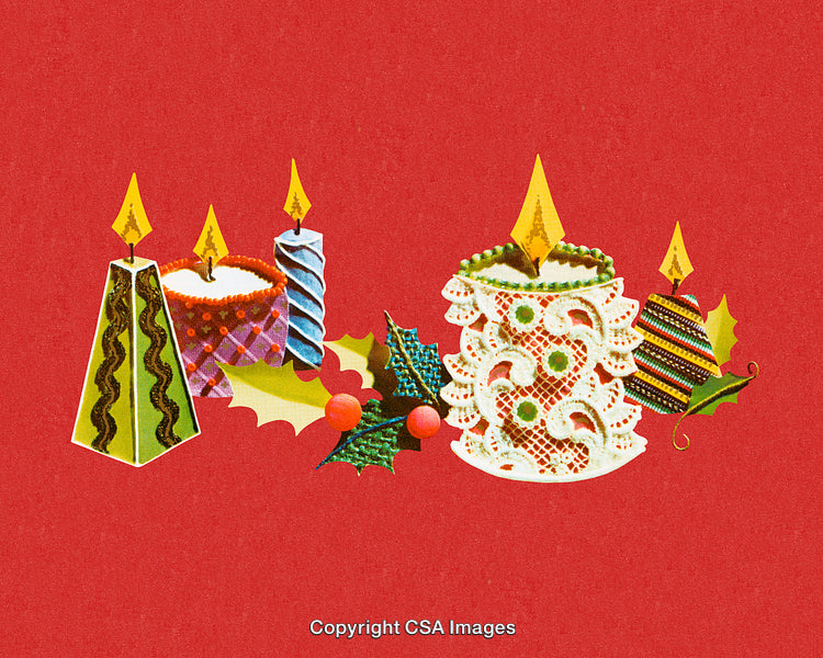 Festive Candles and Holly Decorations on a Red Background