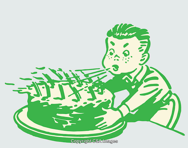 Retro Green Line Art of Boy Blowing Out Cake Candles