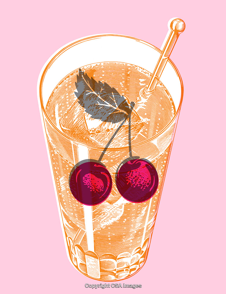 Illustrated Highball Cocktail Glass With Cherries on a Pink Background