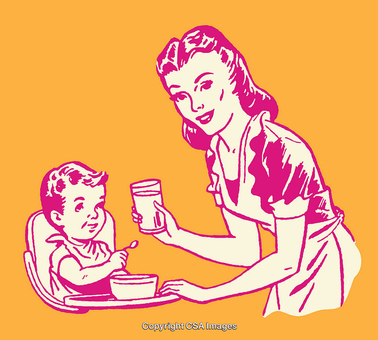 Colorful Retro Illustration of a Mother and Baby During Mealtime