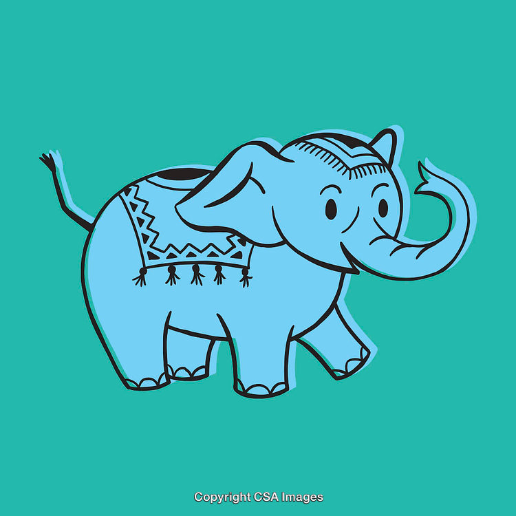 Blue Cartoon Elephant with Ornamental Patterns on a Solid Green Background