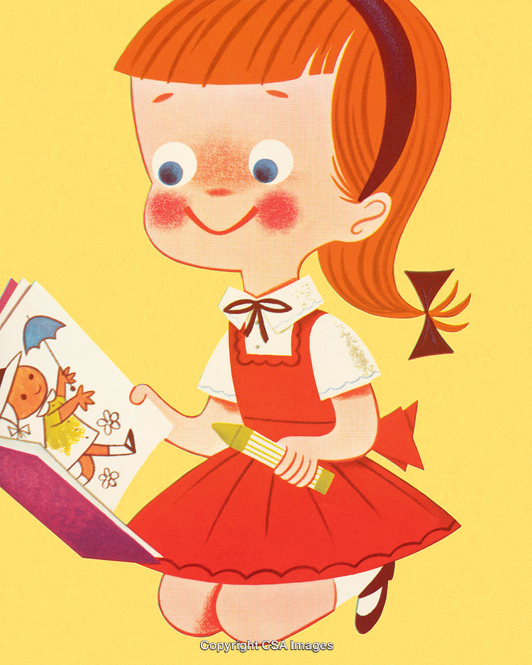 Illustrated Girl Reading a Book with Cheerful Expression and Joyful Colors