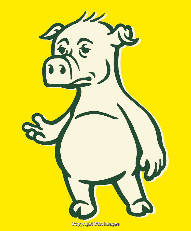 Cartoon Style Illustration of a Pig Character on Yellow Background