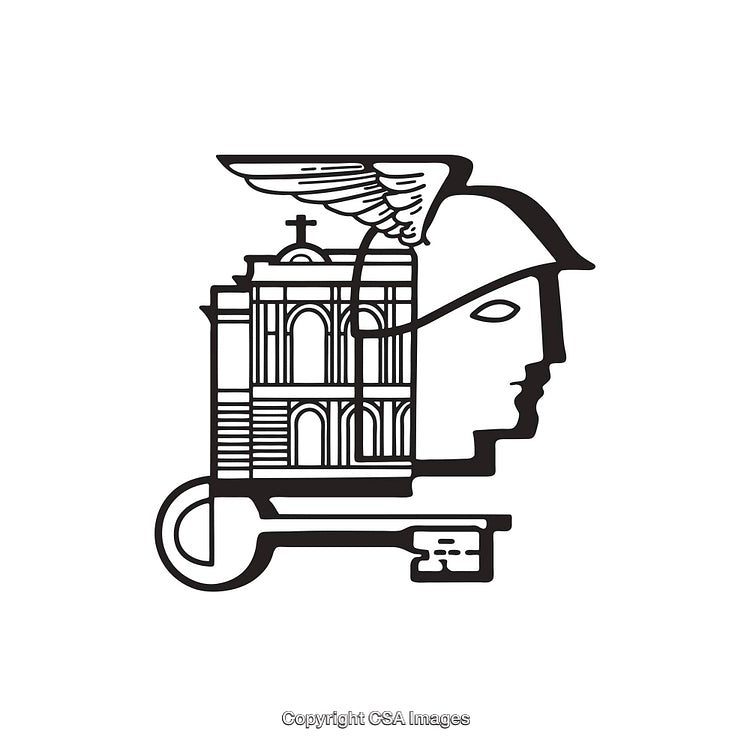 Black and White Icon Featuring Abstract Design Combining Key and Classical Elements