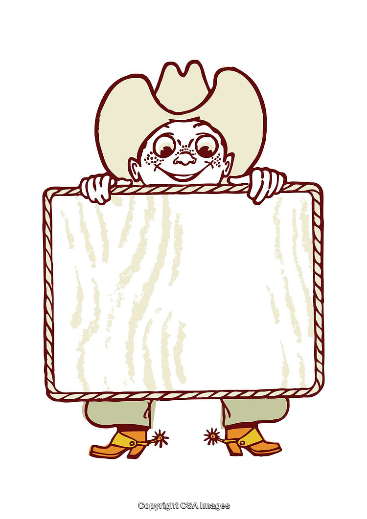 Colorful Illustration of Smiling Cowboy with Blank Sign for Text