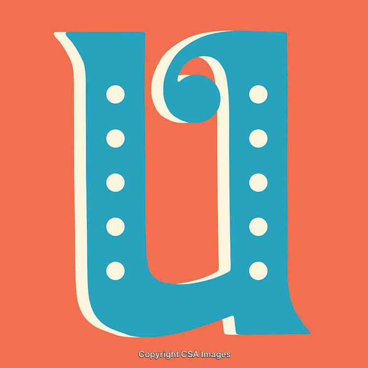 Stylized Letter U in Blue with Circular Details on Orange Background