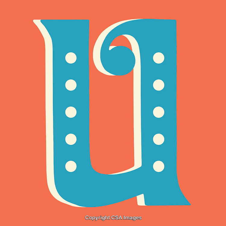 Stylized Letter U in Blue with Circular Details on Orange Background