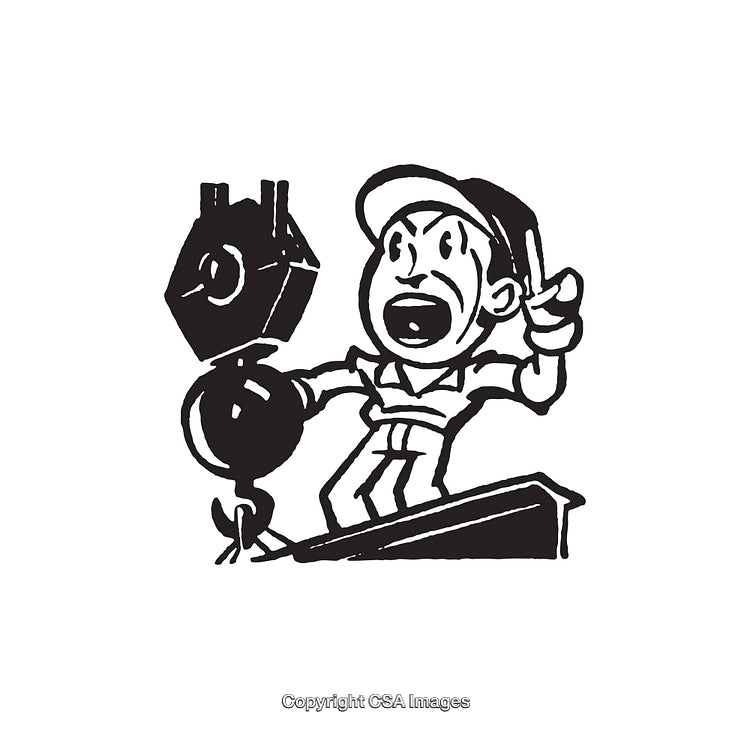 Black and White Cartoon of Worker Controlling a Crane Hook