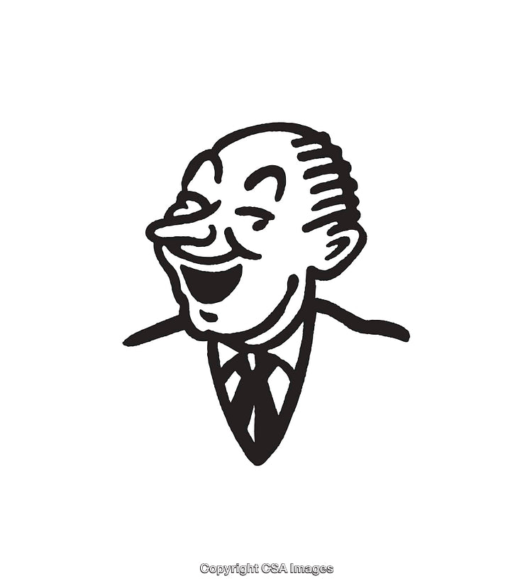 Vintage Black and White Illustration of a Laughing Man in Formal Suit