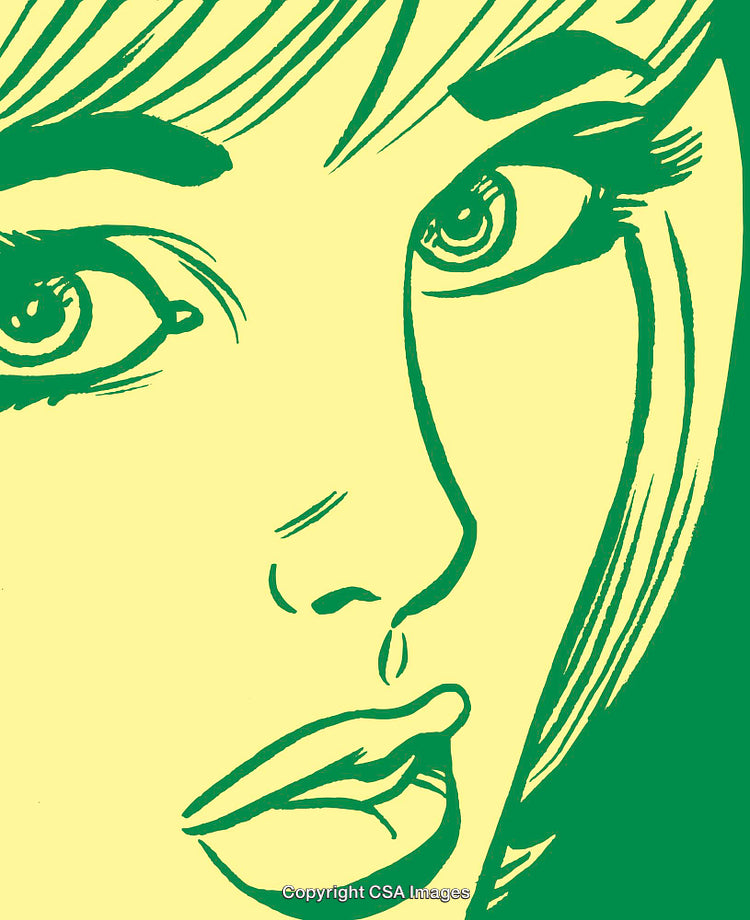 Illustrated Vintage Style Pop Art Woman Portrait in Green and Yellow