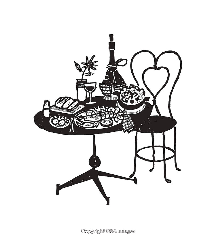 Rustic Dining Table Line Art with Food and Drink Illustrations