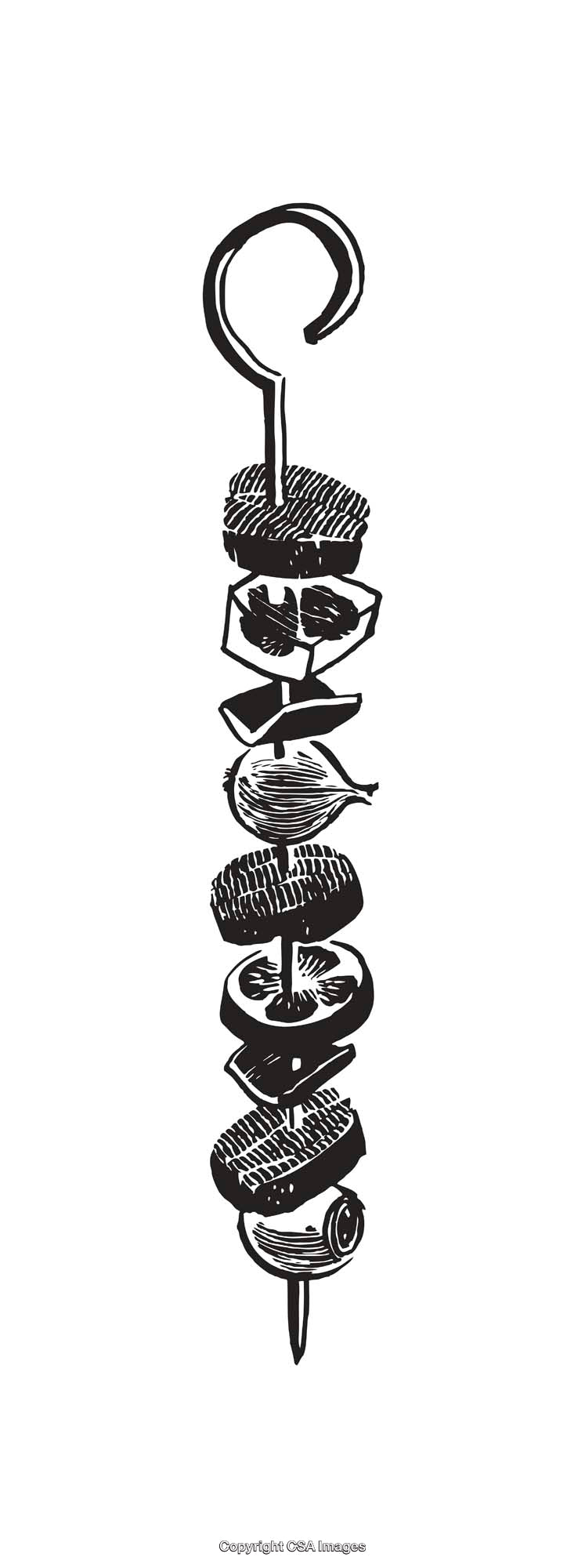Black and White Line Art Illustration of Food Skewer Elements