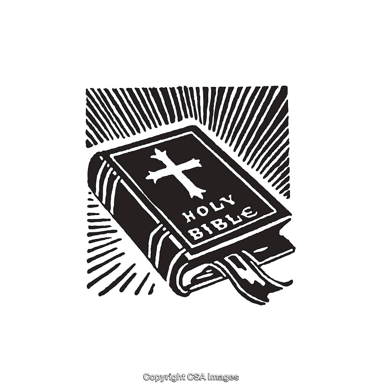 Black and White Line Art Illustration of the Holy Bible with a Cross