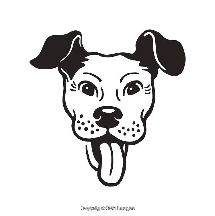 Black and White Line Art Dog Illustration with Playful Expression