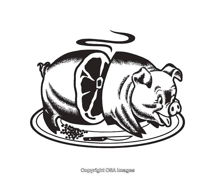 Black and White Illustration of a Pig with Meat Cuts and Plate