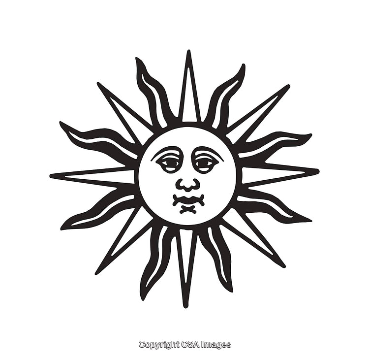 Black And White Sun Illustration with Face in Artistic Line Art Style